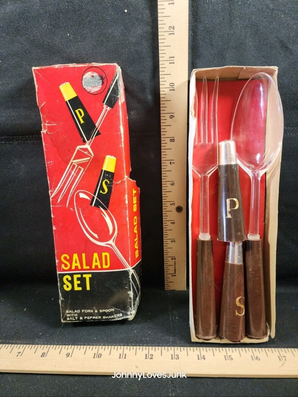 Vintage Mid Century Salad Serving Set w/Salt & Pepper Set Plastic New In Box